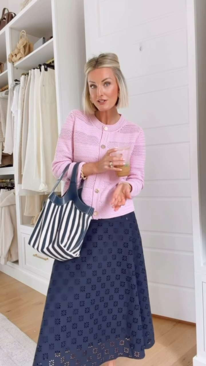 The perfect spring and summer look for those in between weather days! These pieces are breathable but add an extra layer if you need something with a bit more coverage/warmth for those cooler days or rain! Wearing S in jacket 0 in skirt!

Loverly grey, ann taylor, pink cardigan outfit, navy eyelet maxi skirt, transitional outfit, pink knit cardigan gold button, what to wear on vacation, pink and navy color combo outfit  

 #LTKootd #LTKSeasonal