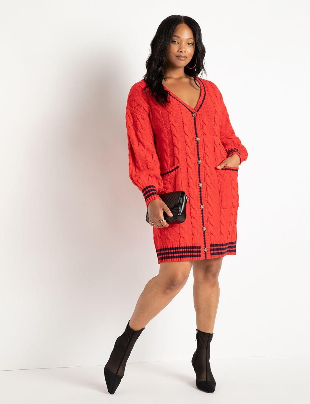 Cardigan Sweater Dress With Stripe Detail | Women's Plus Size Dresses | ELOQUII | Eloquii