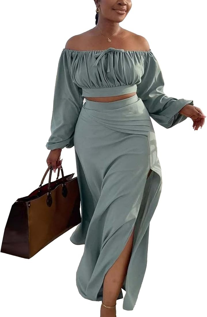 Vakkest Women's 2 Piece Outfits Boho Floral Print Off Shoulder Puff Long Sleeve Crop Top and Ruff... | Amazon (US)