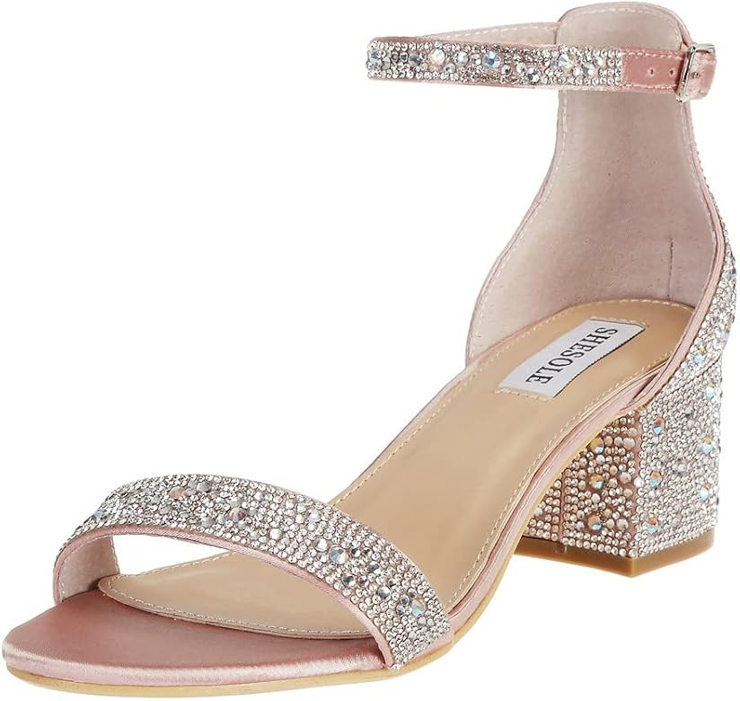SheSole Women's Open Toe Strappy Low Block Heel Bling Rhinestone Sandals for Wedding Bride Dress ... | Amazon (US)