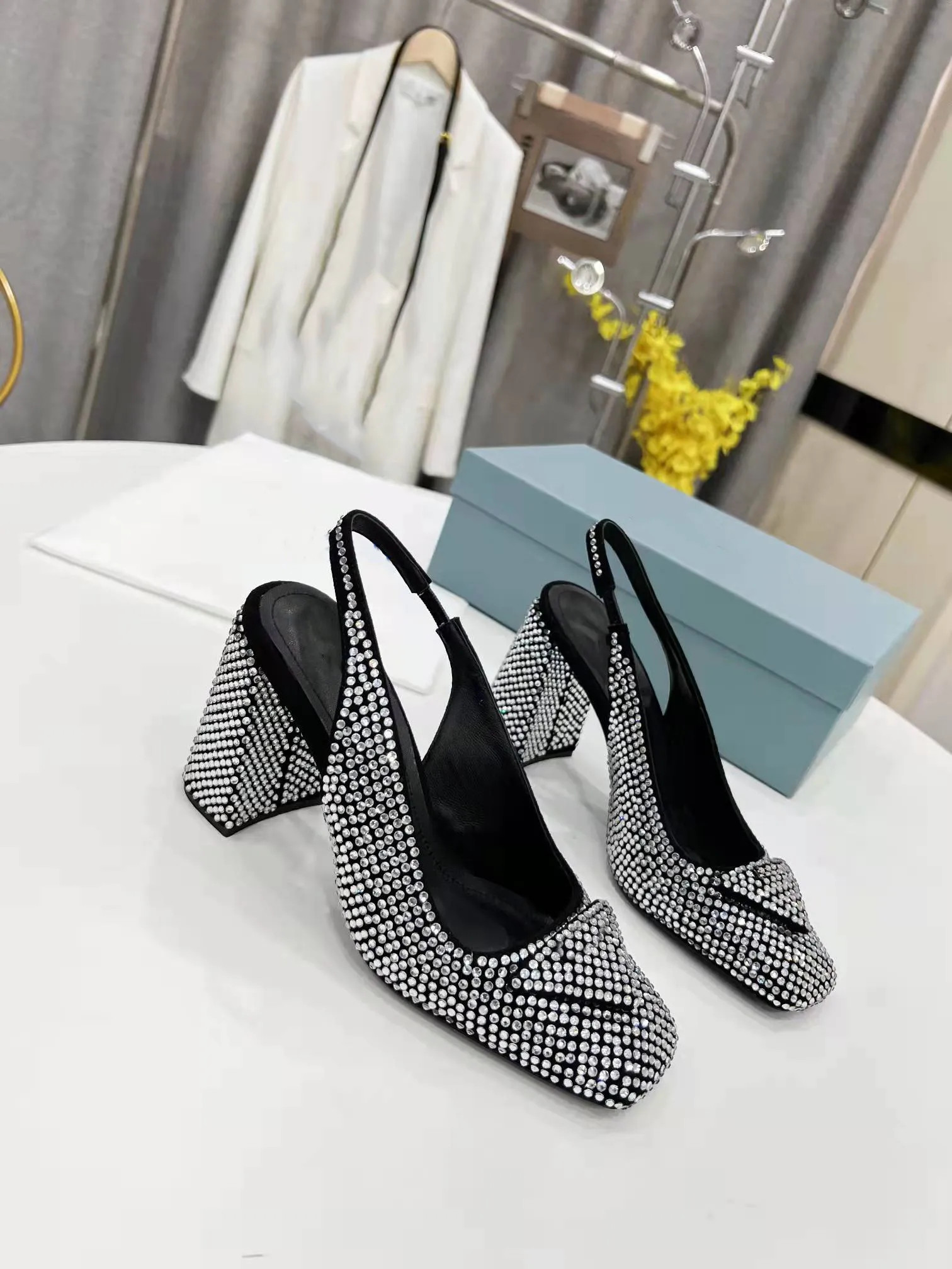 Satin sling-back pumps sandals with crystals Satins crystals series chunky heels women's sandal S... | DHGate