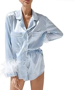 Womens Feather Trim Pajamas Set of 2 Button Up Long Sleeve Satin Blouse Shirt Shorts Sleepwear | Amazon (US)