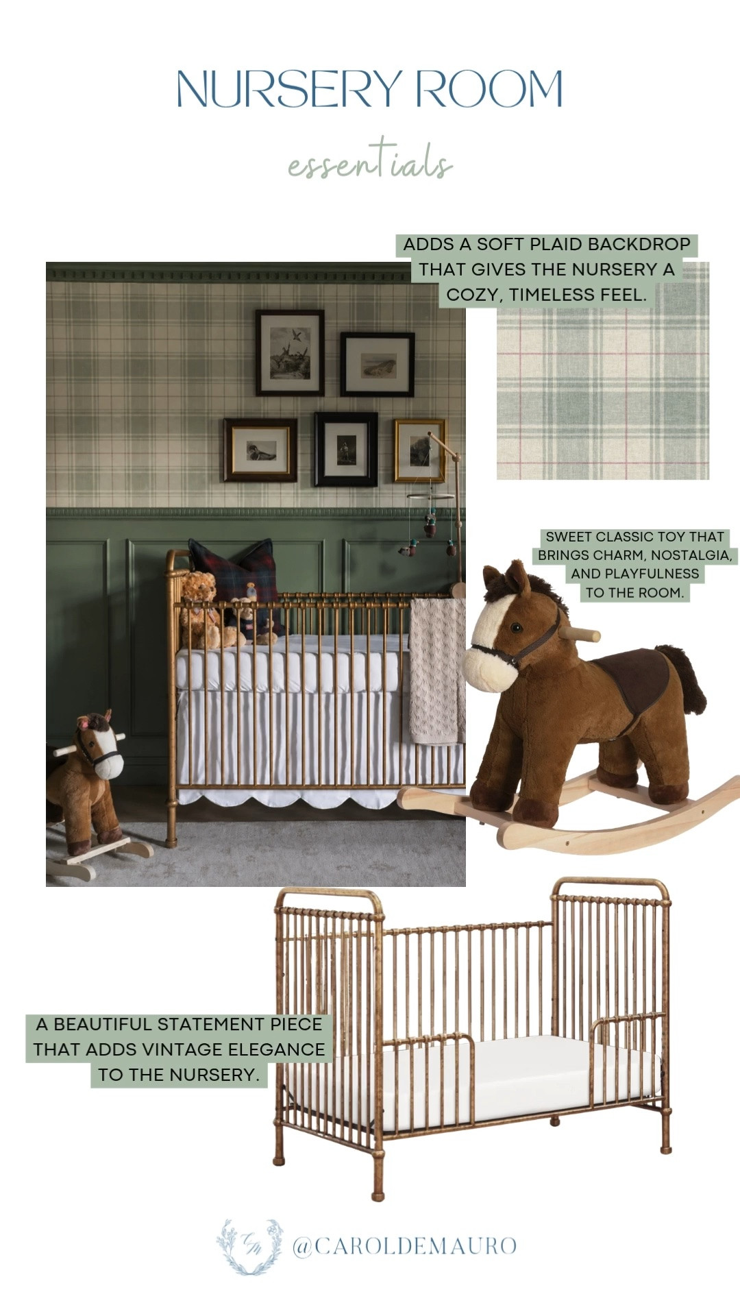 nursery room essentials, furniture finds, plaid wallpaper, metal crib, rocking horse, vitage look nursery, RL inspired nursery, home inspo, kids room

#LTKBaby #LTKKids