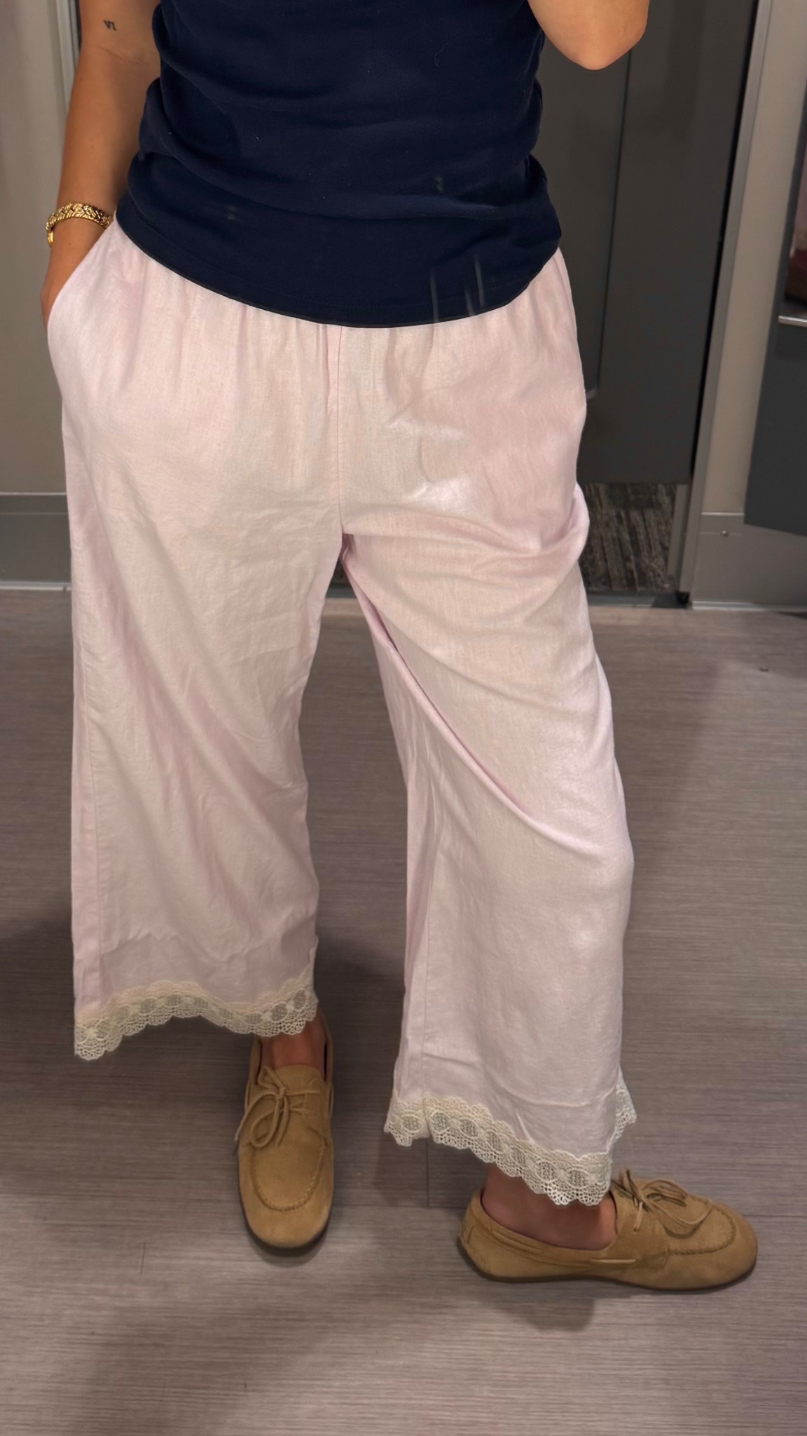 Lace trim pants for under $50!! Insane. Like a cool pink/purple color. Wearing a size up here (they didn’t have my true size/xs), and I’m 5’2”