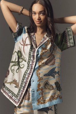 ALÉMAIS Bath House Short-Sleeve Silk Buttondown Shirt | Anthropologie (US)