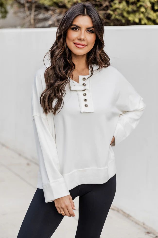 Believe In Me White Henley Brushed Knit Hoodie DOORBUSTER | Pink Lily