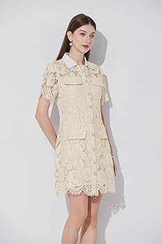 LAI MENG FIVE CATS Women's Summer Short Dress Lace Floral Short Sleeve Contrast Collar Button Min... | Amazon (US)