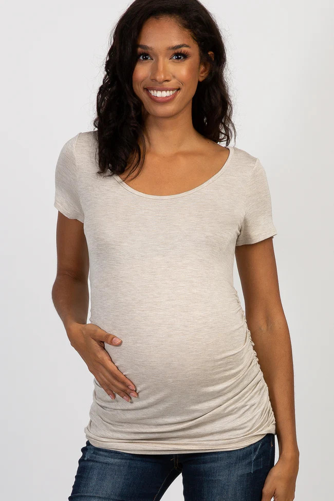 PinkBlush Beige Ruched Short Sleeve Maternity Top | PinkBlush Maternity