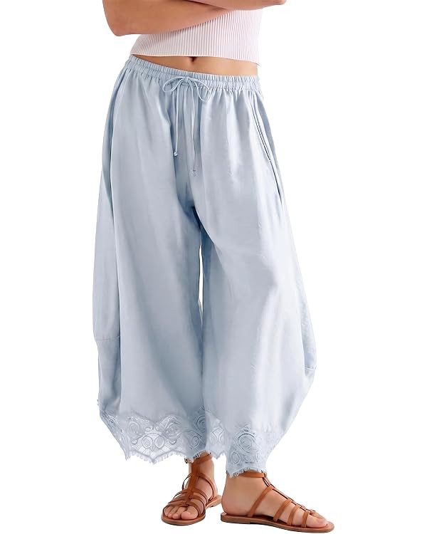 SeeLuNa Comfy Women's Pants Cropped Lace Hem Pants Summer Boho Drawstring High Rise Wide Leg Loun... | Amazon (US)