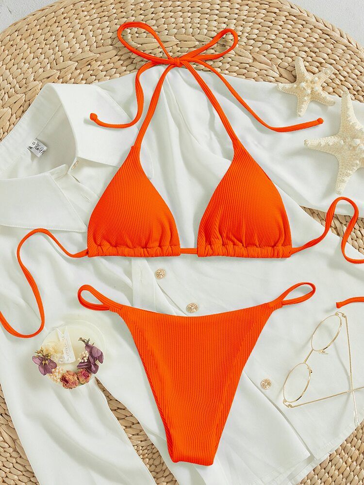 Rib Tie Back Halter Triangle Bikini Swimsuit | SHEIN