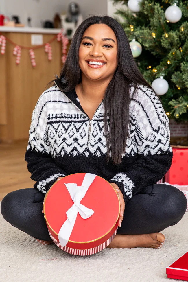 Follow The Reindeer Black Fuzzy Fair Isle Quarter Zip Pullover | Pink Lily