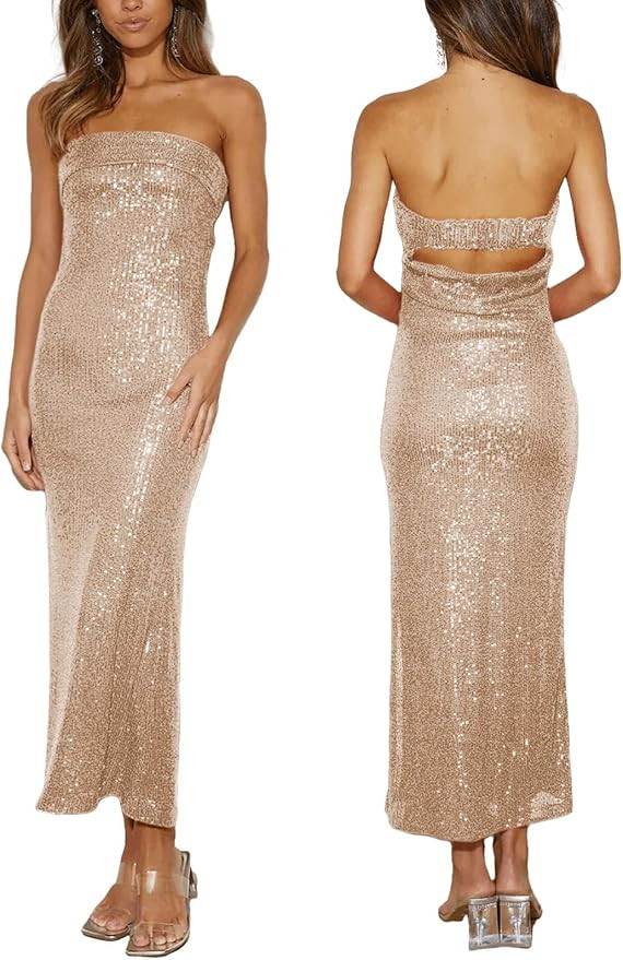 Women Strapless midi Sequin Dresses Bodycon Sleeveless Wedding Guest Sparkly Glitter Formal Cockt... | Amazon (US)