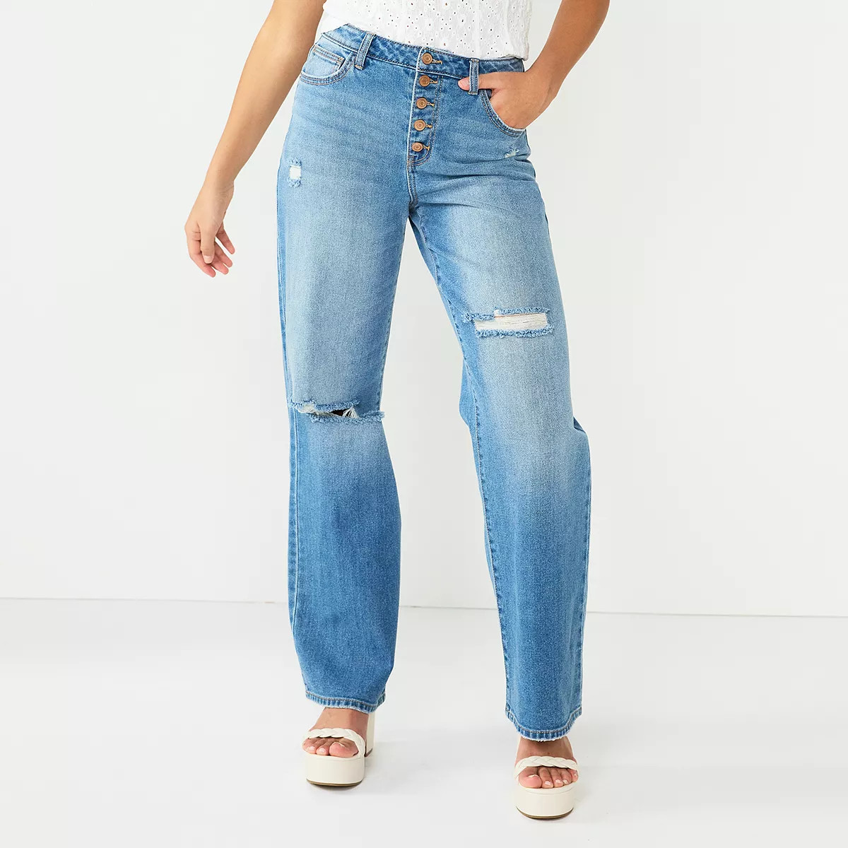 Juniors' SO® Exposed Button Wide-Leg Jean Pants | Kohl's