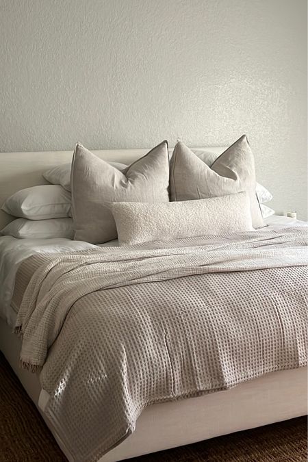 Upholstered bed, linen bedding, waffle knit blanket, euro pillows, Brooklinen bedding, layered bedding, bedding inspo, bedroom inspo, neutral bedding