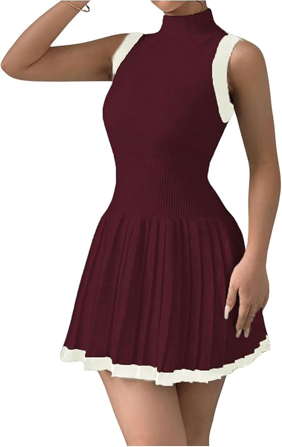 MakeMeChic Women's Mock Neck Sleeveless Sweater Dress Knit Crochet Mini Dress | Amazon (US)