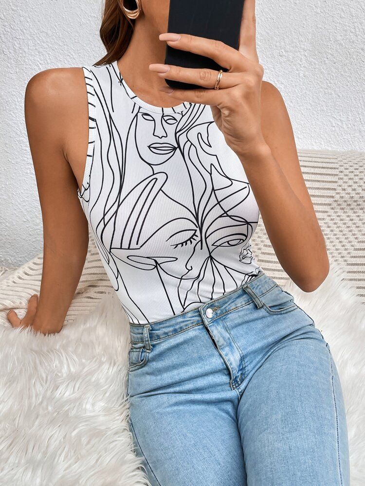 Abstract Figure Graphic Tank Bodysuit | SHEIN