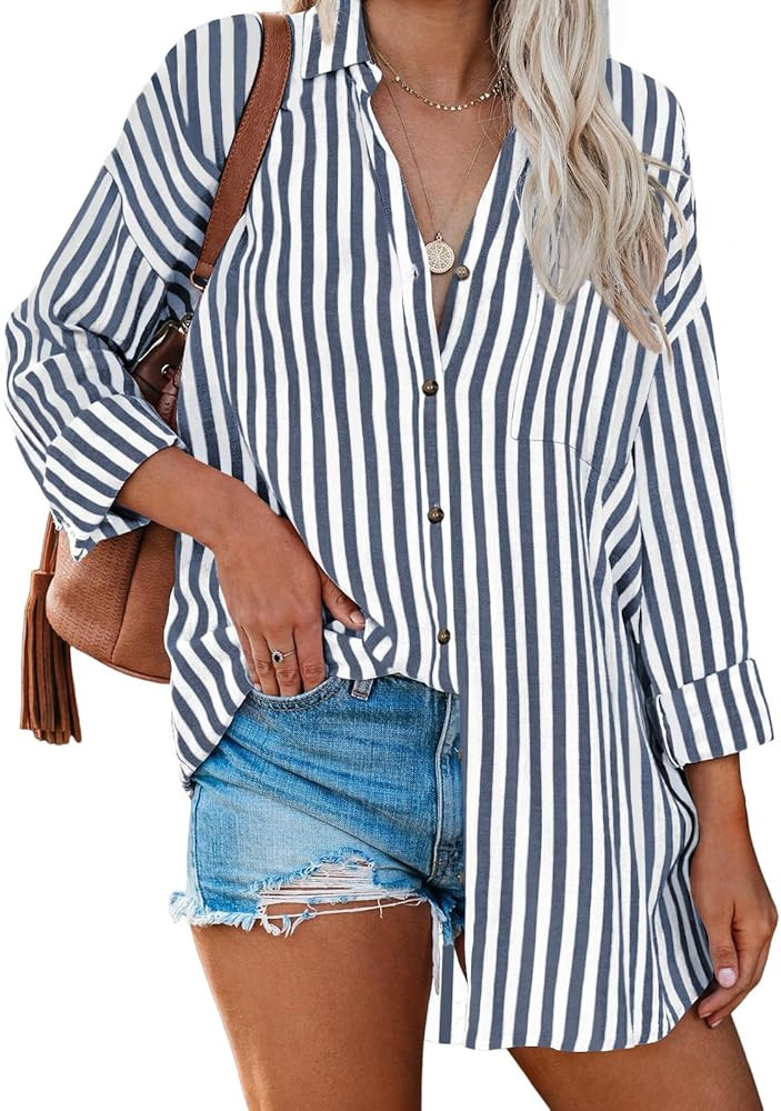 LILLUSORY Striped Button Down Shirts for Women 2024 Fall Long Sleeve V neck Work Blouses Casual L... | Amazon (US)