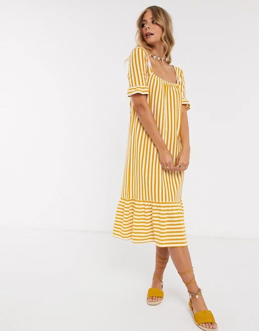 ASOS DESIGN square neck frill sleeve midi dress with pep hem in yellow stripe | ASOS US