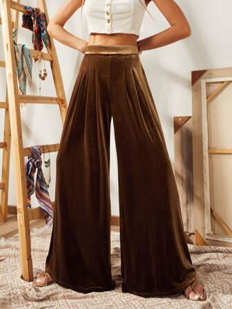 Solid Color Velvet Wide Leg Pants | SHEIN