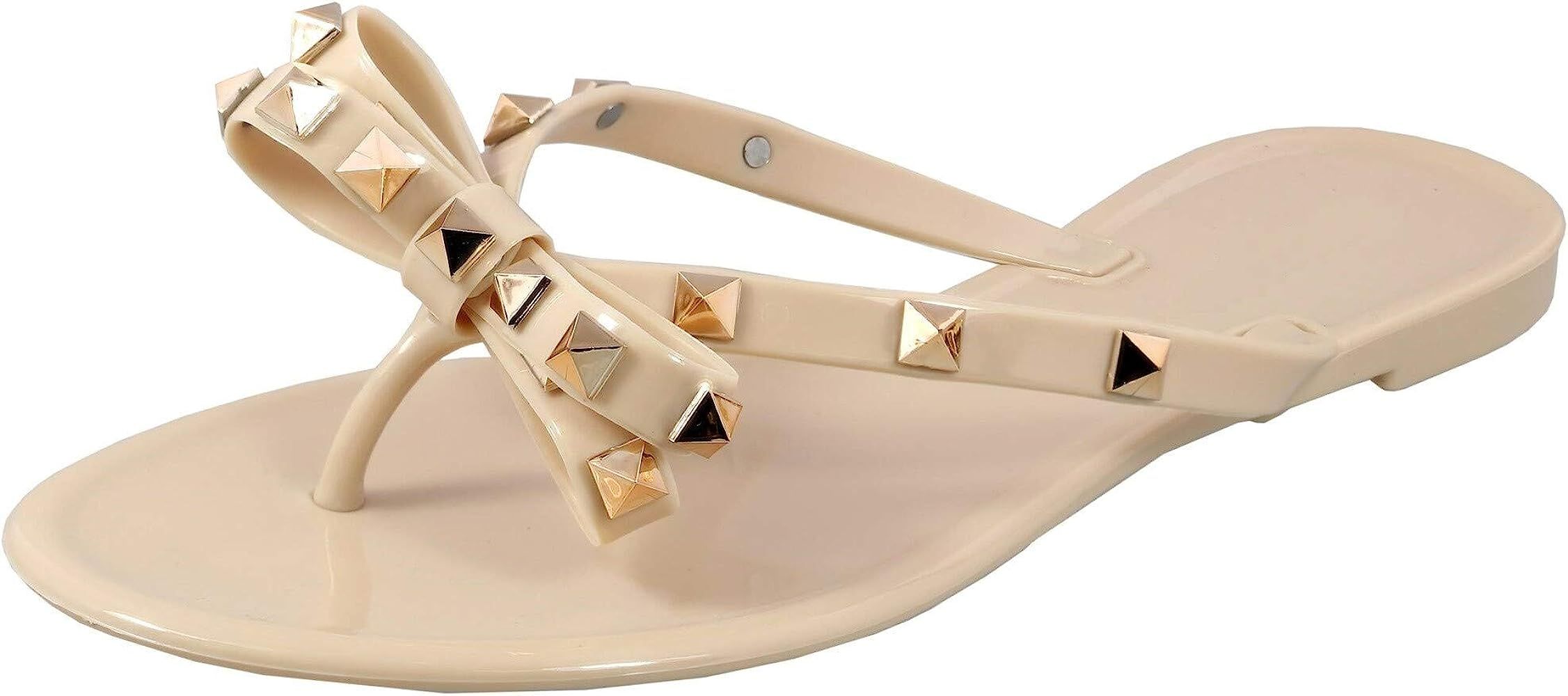 Womens Studded Flip Flops with Bow Open Toe Jelly Sandals | Amazon (US)