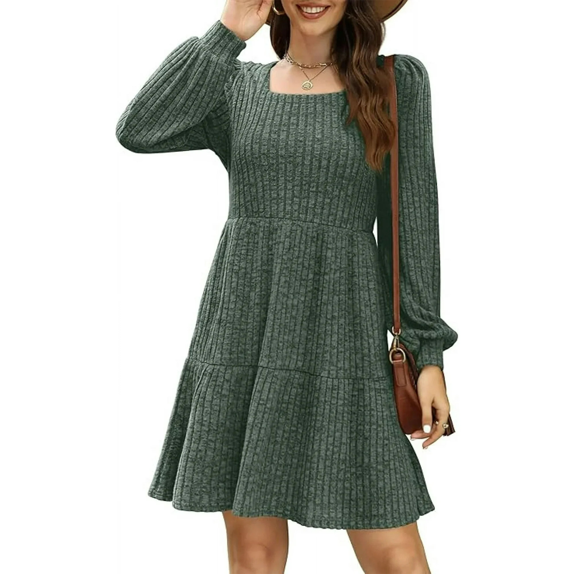 QINCAO Womens Long Sleeve Sweater Dresses Square Neck Babydoll Fall Dress With Pockets S-2XL | Walmart (US)
