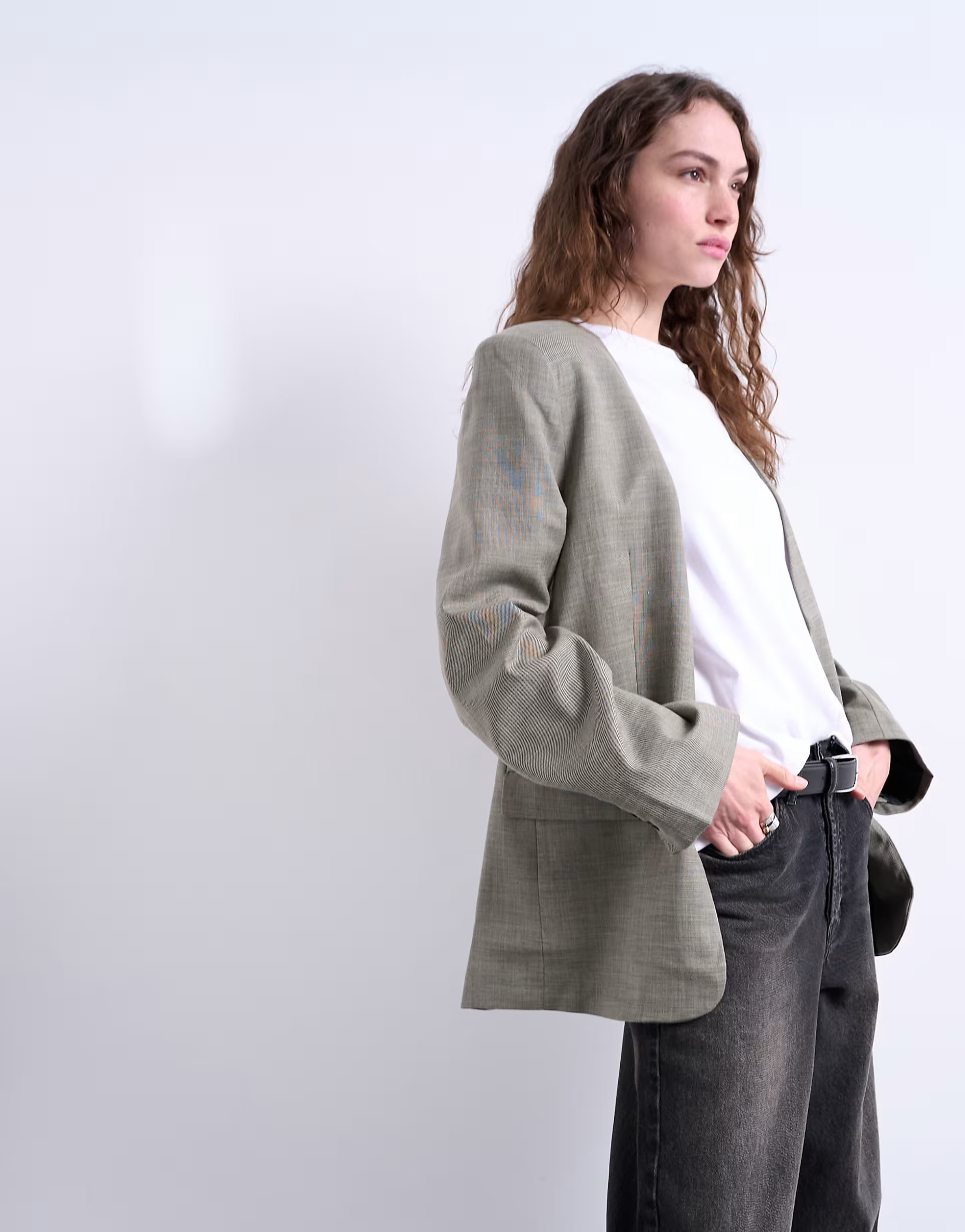 Topshop collarless chuck on blazer in grey check | ASOS (Global)