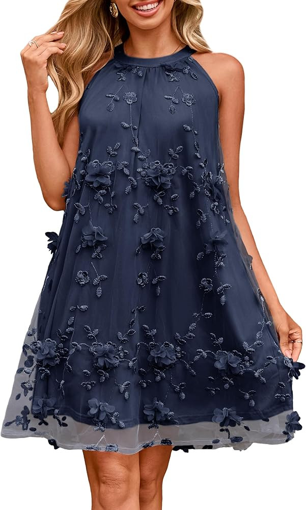 Simplee Women Halter Summer Dress Sleeveless Wedding Guest Tulle Mini Dress Flowy Party Cocktail ... | Amazon (US)