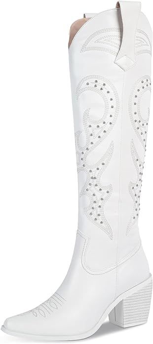 WETKISS Knee High Cowboy Cowgirl Boots for Women, with Unique Embroidery, Side Zipper and Chunky ... | Amazon (US)