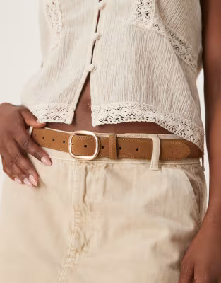 ASOS DESIGN faux suede square buckle waist and hip jeans belt in tan | ASOS (Global)