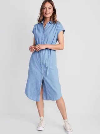 Short-Sleeve Waist-Defined Midi Shirt Dress for Women | Old Navy (US)