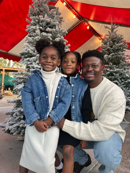 Dad and daughters Christmas outfits - sweater dresses, denim jackets, men's abercrombie light wash jeans and cream sweater 

#LTKkids #LTKHoliday #LTKfamily