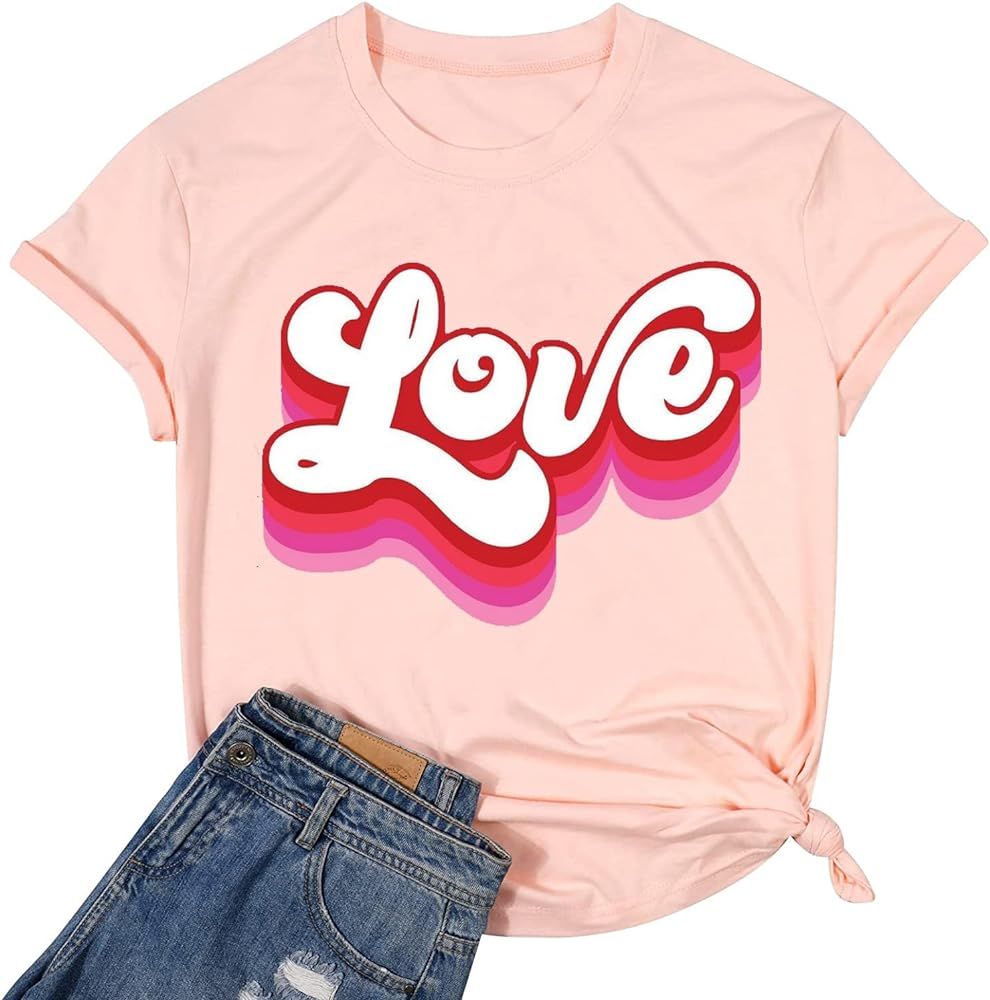 Retro Love Shirt Women Casual Valentine's Day Tshirts Cute Love Letter Print T Shirt Valentine's ... | Amazon (US)