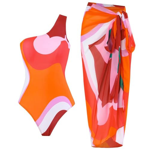 ABOCIW One Piece Swimsuit for Women with Swim Cover up Sarong Wrap Skirt One Shoulder Tummy Control Bathing Suit Monokini Two Piece Swimwear Orange Medium | Amazon (US)