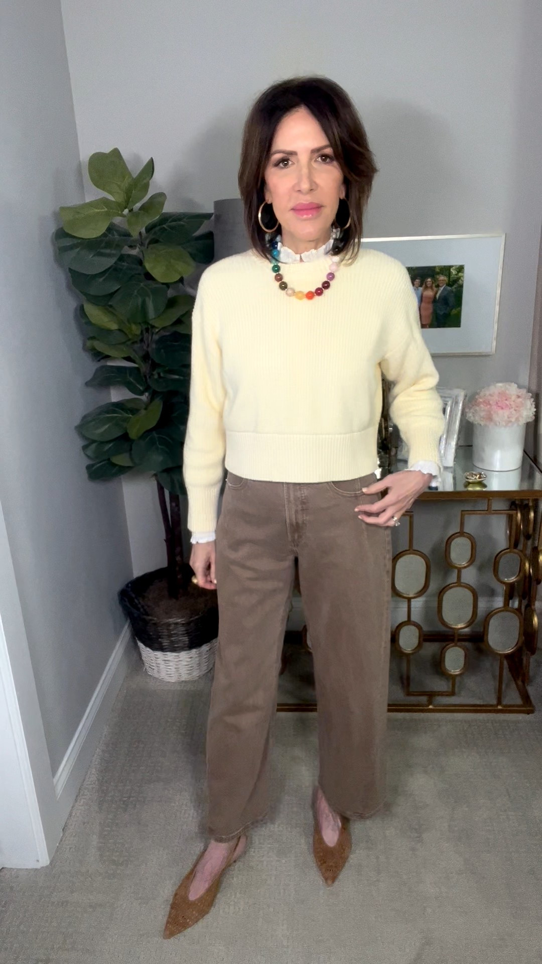 yellow sweater, ruffle neck top, brown wide leg pants, brown heels, colorful beaded necklace, over 50 outfits, spring outfit 

#LTKSeasonal #LTKOver40 #LTKgrwm