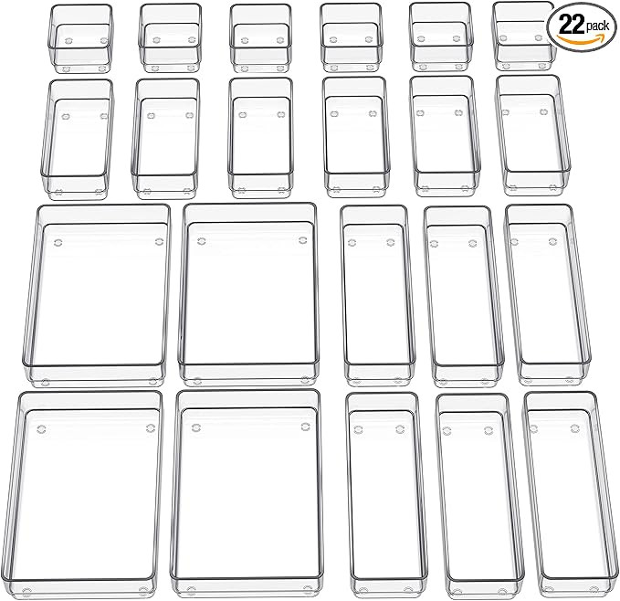 SMARTAKE 22-Piece Drawer Organizer with Non-Slip Silicone Pads, 4-Size Clear Desk Drawer Organize... | Amazon (US)