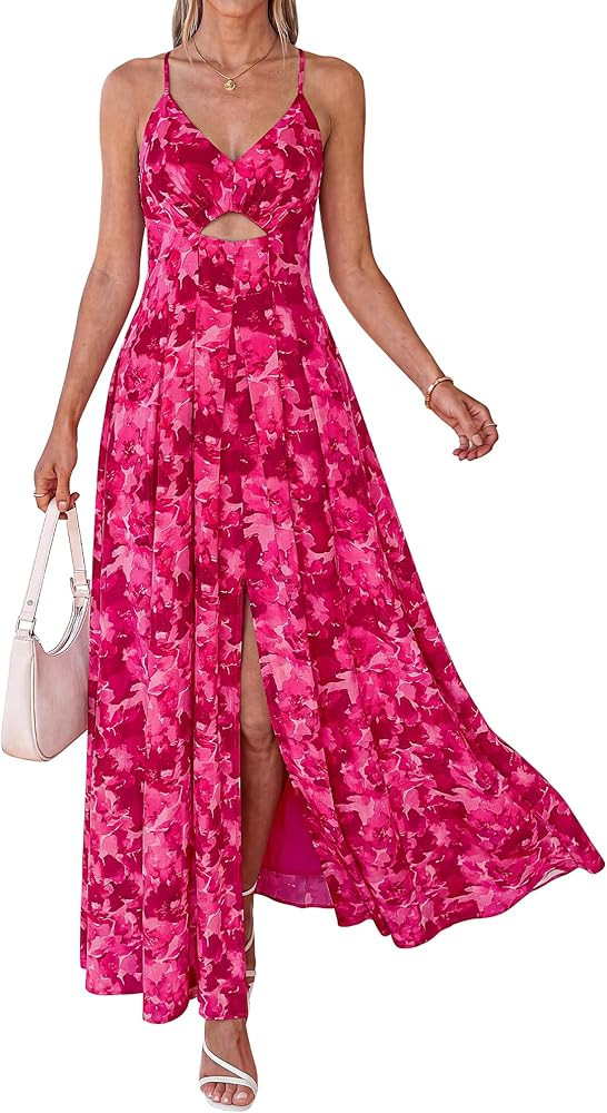 BTFBM Summer Dresses for Women 2026 Spring Floral Spaghetti Strap Smocked Cutout Maxi Dress Resor... | Amazon (US)