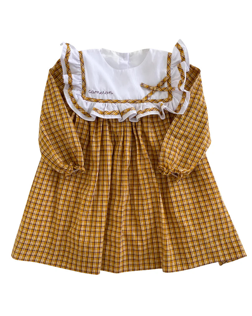 Mustard Plaid Ruffle Yoke Dress | Smockingbird Kids