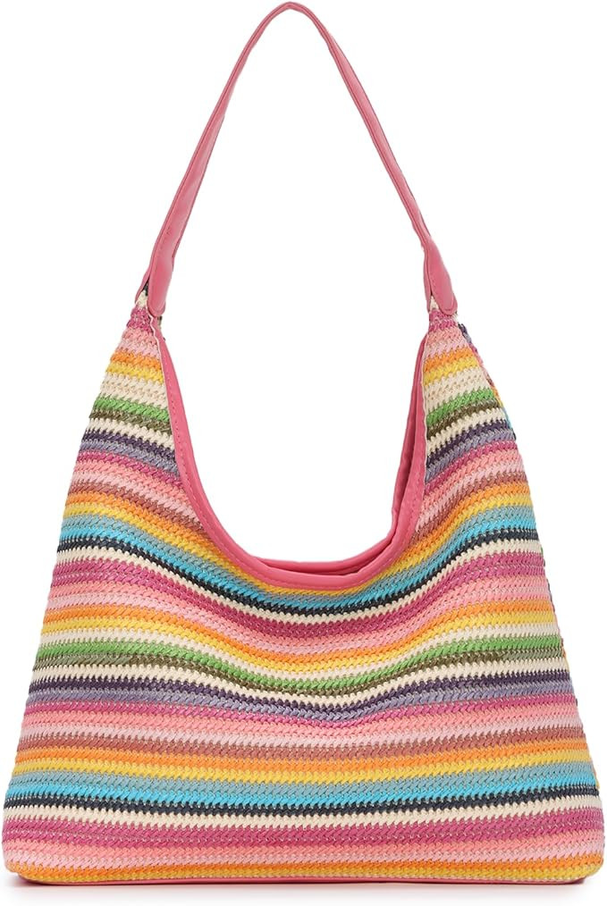 Oweisong Women Summer Beach Bag Straw Bucket Tote Handbag Woven Vacation Purse | Black Striped, P... | Amazon (US)