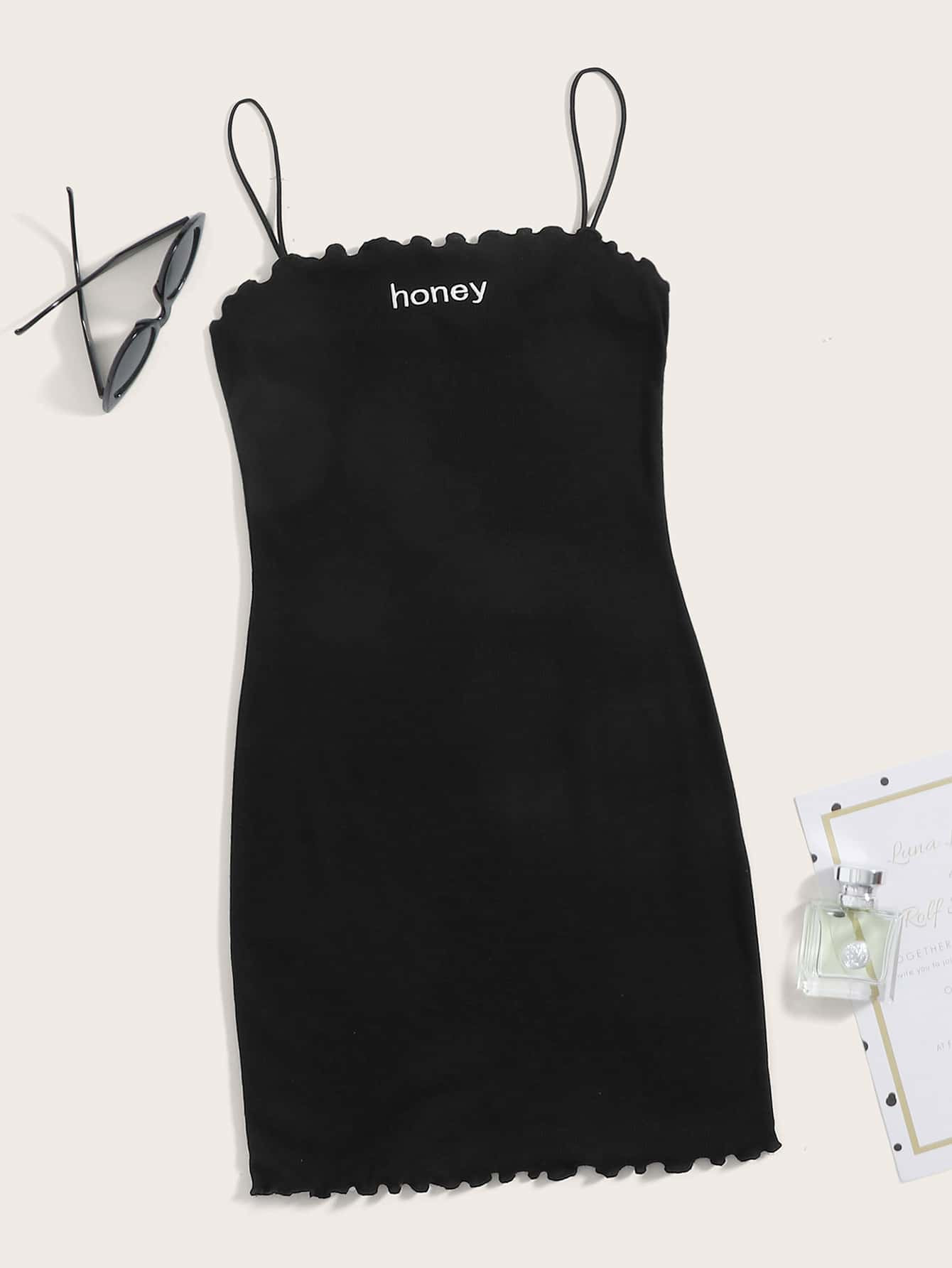 SHEIN Letter Embroidery Lettuce Trim Slip Dress | SHEIN