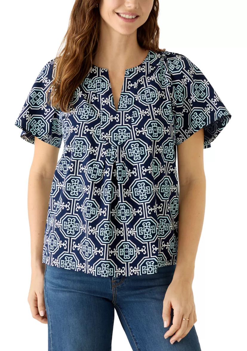 Women's Elbow Sleeve Split Neck Print Top | Belk