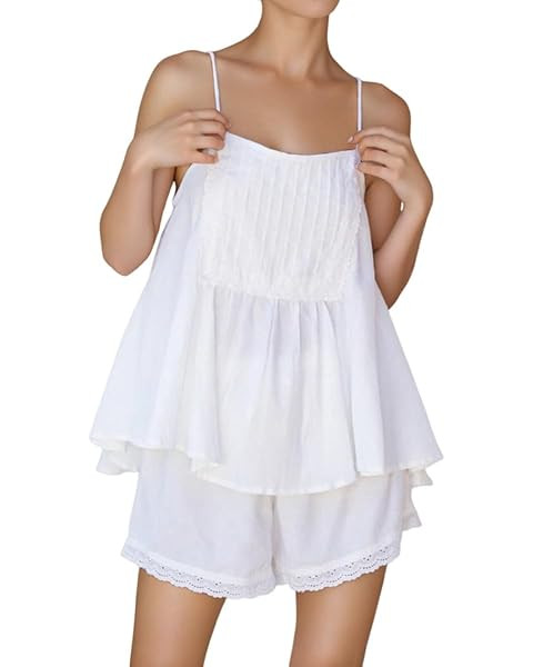 Womens Summer 2 Piece Set Sleeveless Tie Straps Ruffle Trim Top and Shorts Sets Soft Cozy Pajamas... | Amazon (US)