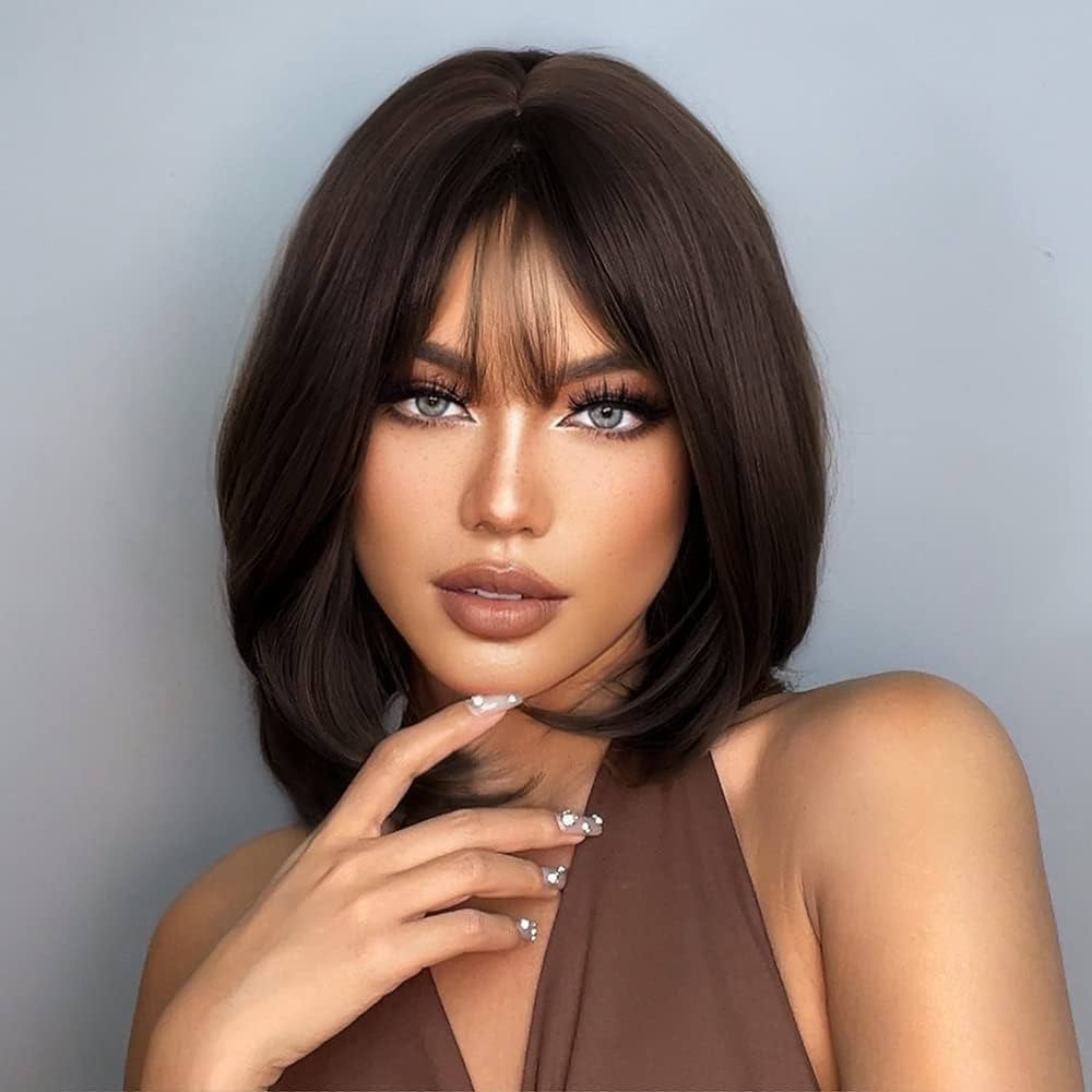 HAIRCUBE Bob Wig Short Dark Brown Wig with Bangs,Shoulder Length Synthetic Wigs for Women | Amazon (US)
