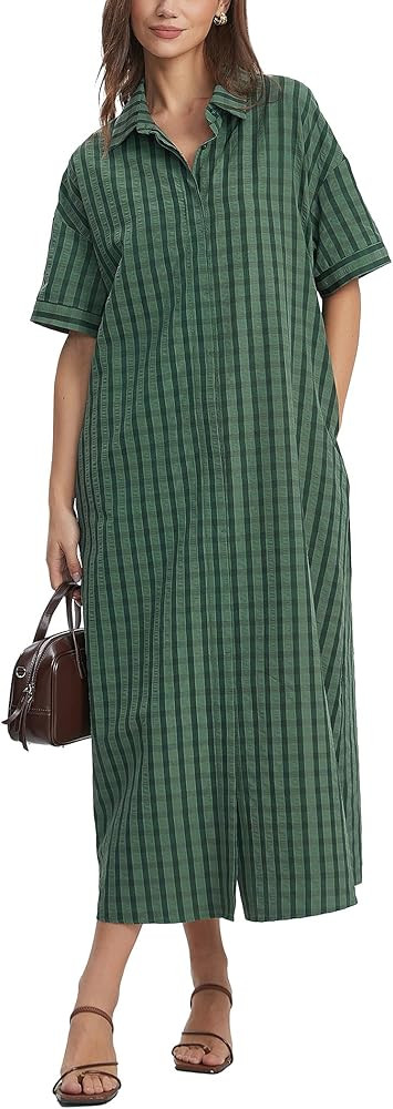 D-Sun Women Short Sleeve Striped Maxi Dress V Neck Collared Casual Button Down Belted Long Shirt ... | Amazon (US)