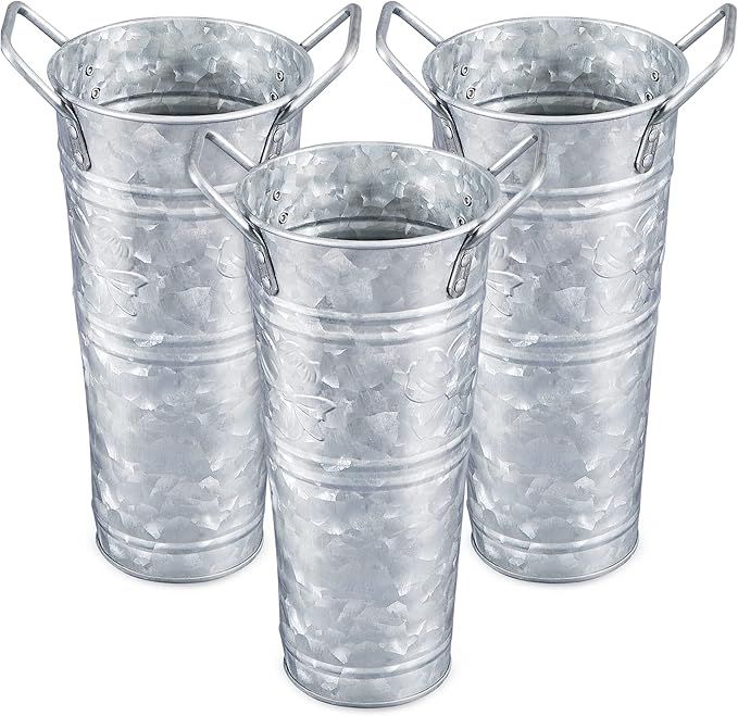 WH Galvanized Metal Farmhouse Flower Vases 9 Inch, Set of 3 - Rustic Decorative French Flower Buc... | Amazon (US)
