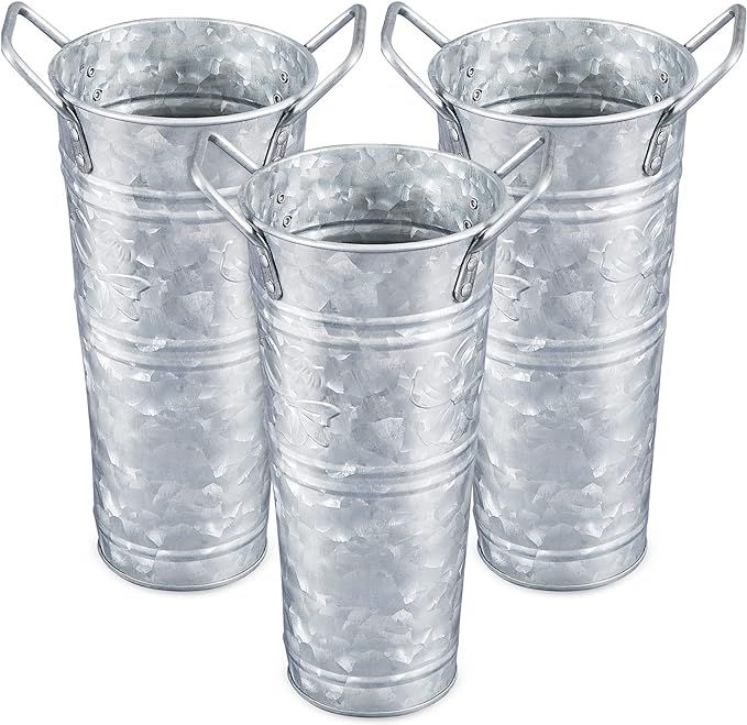 WH Galvanized Metal Farmhouse Flower Vases 9 Inch, Set of 3 - Rustic Decorative French Flower Buc... | Amazon (US)
