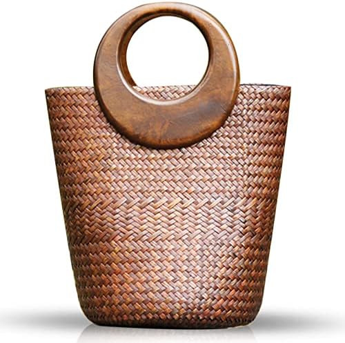 Straw Bag, Beach Bag for Women, Handmade Rattan Handbag, Boho Retro Woven Tote Bag Round Wooden H... | Amazon (US)
