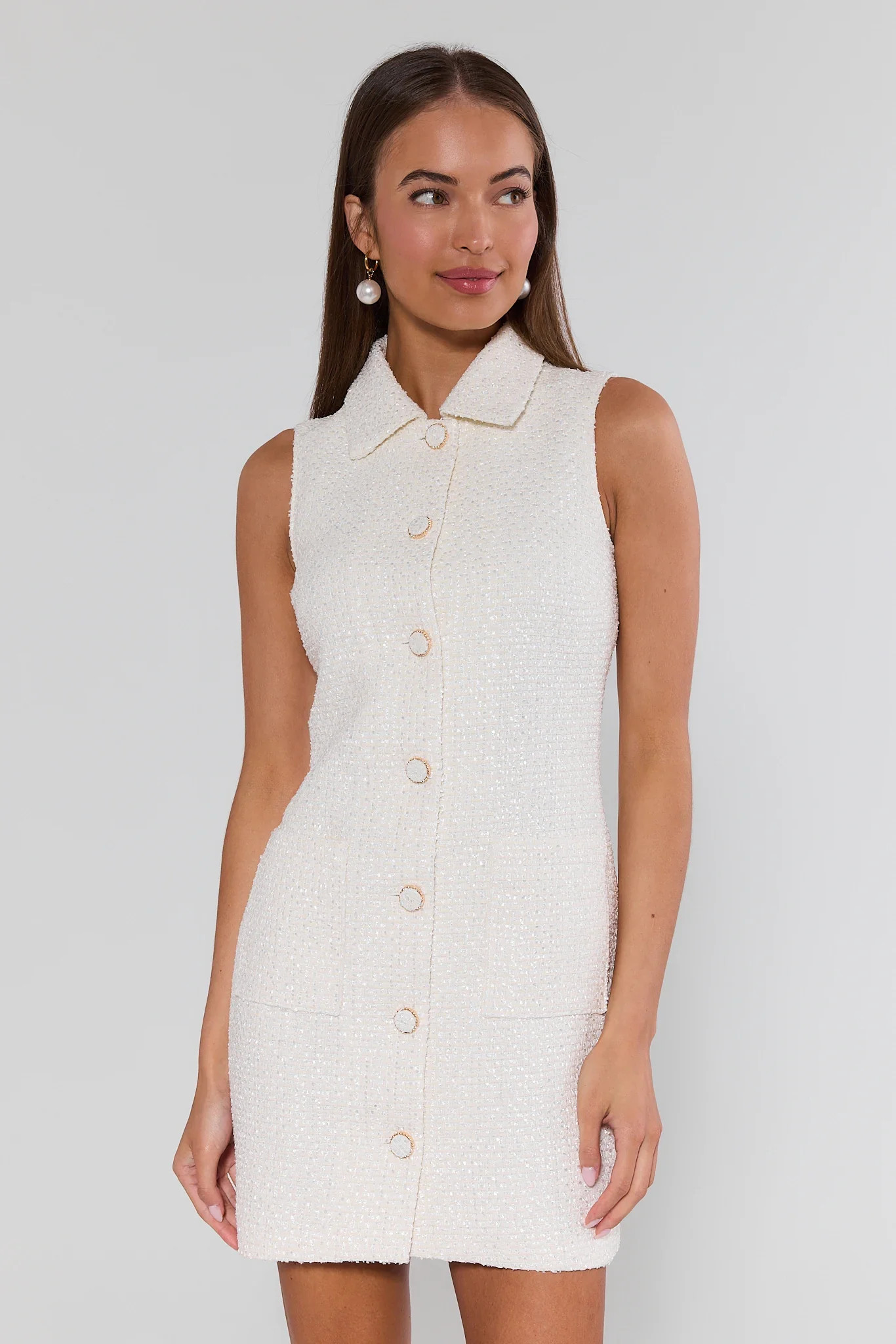 White Tweed Button Up Dress | Avara