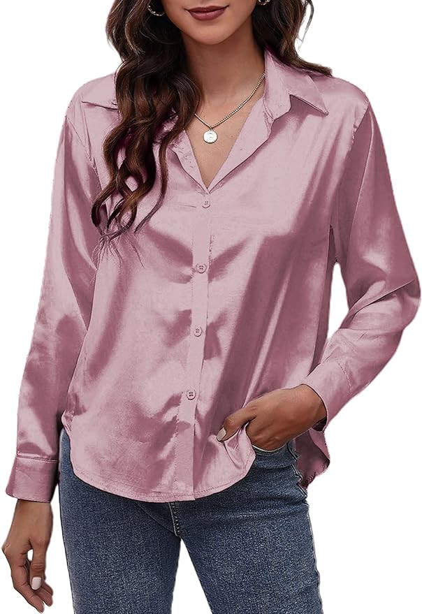 Avanova Women's Long Sleeve Satin Blouse Top Casual V Neck Button Down Work Shirt | Amazon (US)