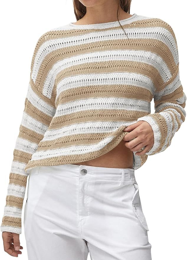 Langwyqu Womens Striped Crochet Sweaters Crewneck Color Block Long Sleeve Sweater Loose Trendy Li... | Amazon (US)