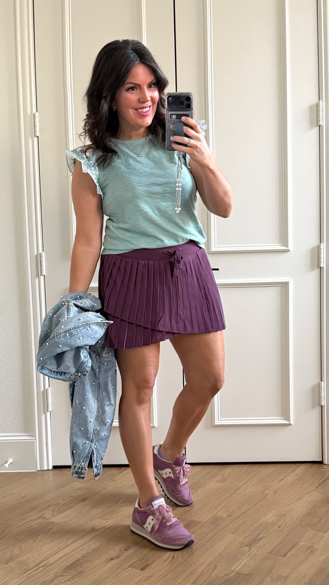 Faded duck egg top from Amazon this is green fits tts. Skort from Target is plum match! My favorite amethyst sneakers with Amazon laces and pearl denim jacket. Size down in Janet  